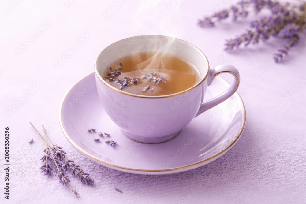 Fototapeta premium Steaming cup of lavender tea with fresh flowers and gentle steam rising