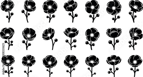 Quadro su tela Collection of black stylized anemone flowers with buds on white background, flor
