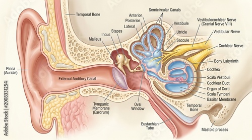 Human Ear Anatomy Medical Illustration.