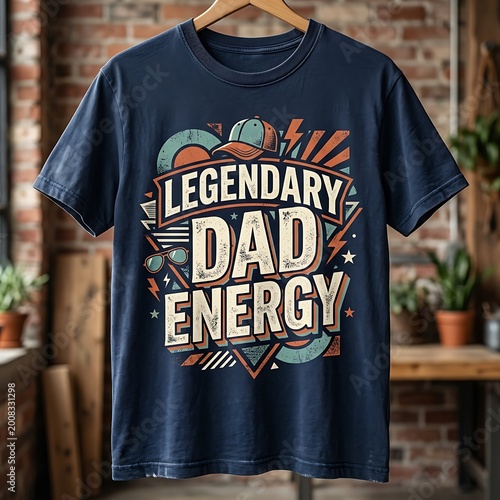 Retro graphic t-shirt design featuring legendary dad energy text with stylized sunset shape.