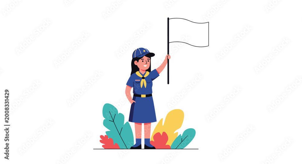 Obraz premium Young girl scout in a neat blue uniform holds a white flag while standing among colorful stylized autumn leaves and plants.