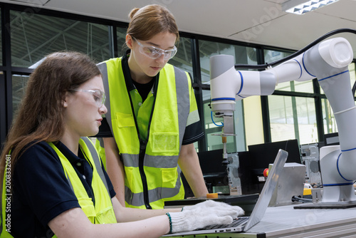 automation machine engineer woman students study and inspection control robot arm machine in robotics engineering academy at university or factory workshop. AI robot technology,
