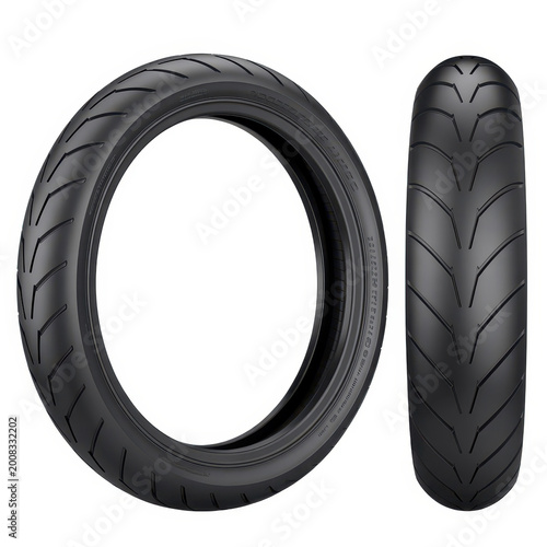 Two black motorcycle tires with tread pattern shown from front and side on a white background
