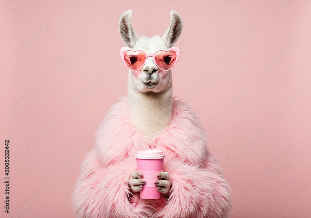 Fototapeta premium Glamorous llama wearing heart-shaped sunglasses and a fluffy pink coat, holding a pink coffee cup