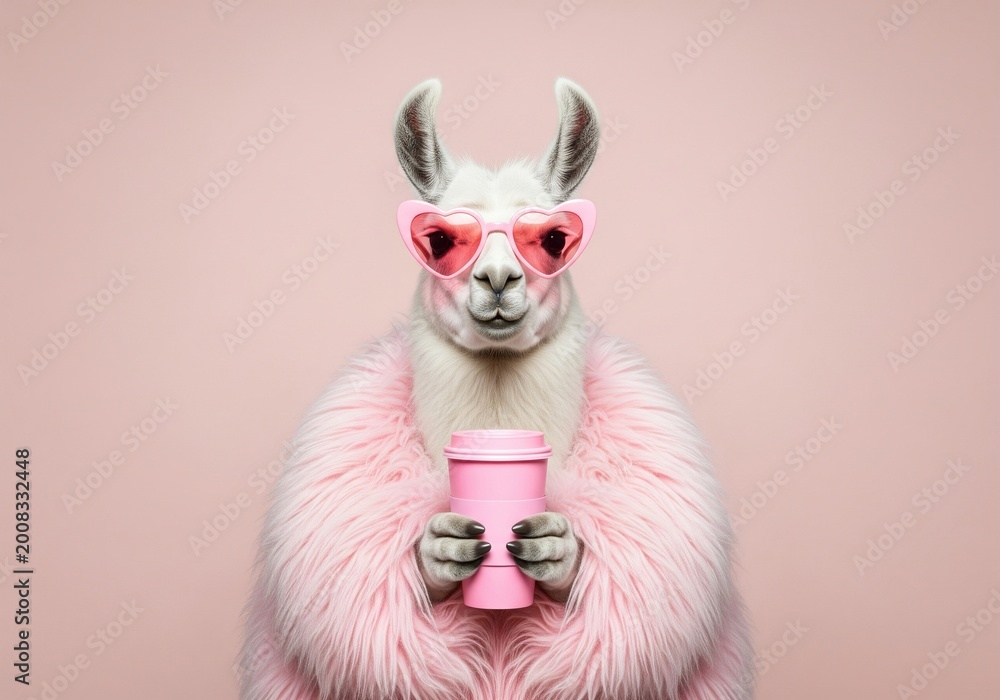 Fototapeta premium Cute llama wearing pink heart sunglasses and fluffy boa holding a coffee cup