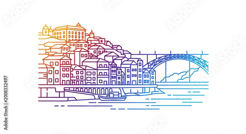Colorful Skyline illustration of Porto, Portugal with Dom Luís I Bridge and Douro River