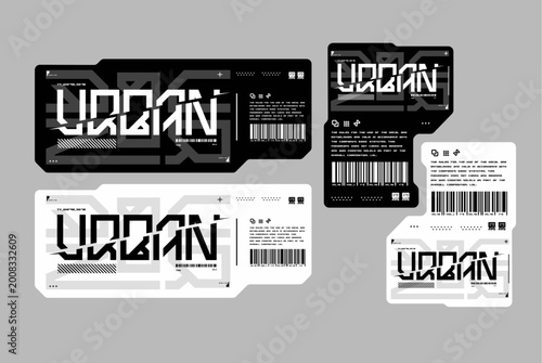 Y2K aesthetic graphic stickers with urban text and industrial decals for futuristic merch and apparel