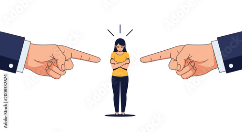 Sad woman feels pressured and bullied as two giant hands point fingers at her in a judgmental way against a plain background.