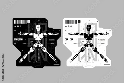 Futuristic cyborg human silhouette with HUD elements for techwear design and cyberpunk interface