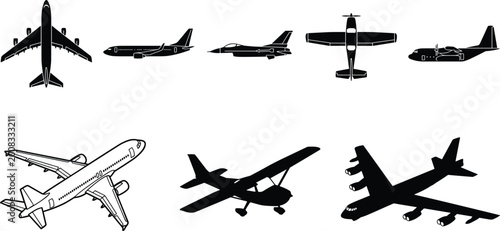 Fotografie Collection of airplane silhouettes set including passenger jet fighter aircraft