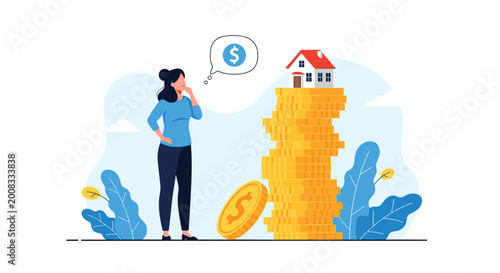 Thoughtful woman standing and thinking about financial planning, real estate investment, and saving money to buy a new family home soon.