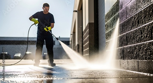 outdoor cleaning service, worker pressure washing exterior wall or pavement, water spray and motion captured in detail, bright daylight, ultra realistic action photography, 