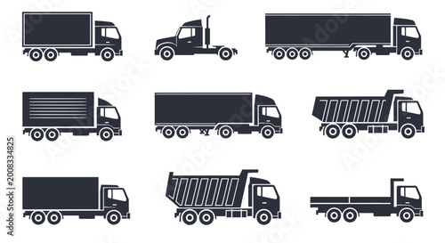 Set of nine dark gray truck icons on a white background