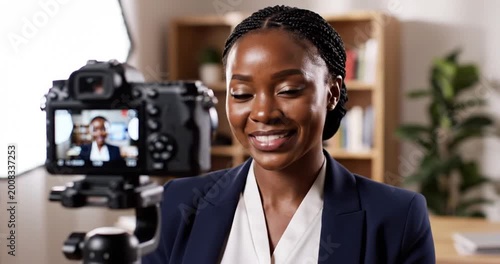 Professional woman speaking to camera in a modern office setting with bookshelves in background