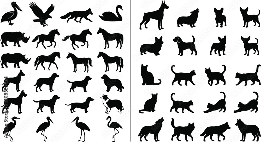 Fototapeta premium Black animal silhouette collection with dog cat horse bird and wildlife icons isolated on white background, cad drawing flat vector illustration.