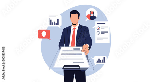 Confident businessman in a formal suit reaching out to present a document or contract on a clipboard for a signature.