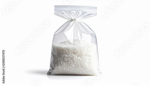 Clear resealable plastic bag containing fine white crystalline granules against a white backdrop