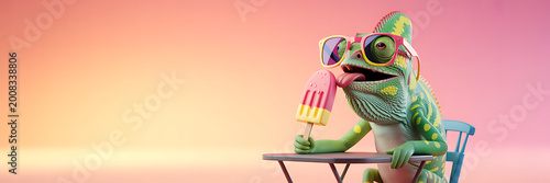 Quirky summer portrait of a chameleon enjoying a popsicle