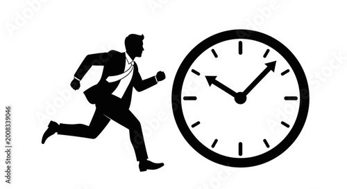 Silhouette businessman running next to a large clock