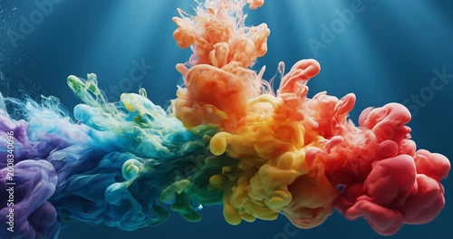 Rainbow colored ink underwater explosion.