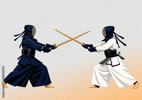 Fényképezés 082-46-Two kendo artists in uniform and protective gear crossing shinai during t