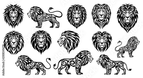 Black and white photo set of decorative lions with tribal motifs, in standing and profile views