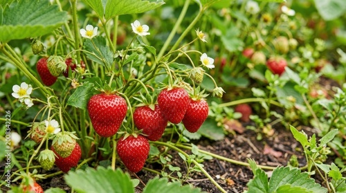 Fresh Ripe Strawberries Growing on Green Bushes in a Sunny Garden Landscape