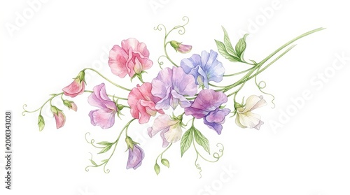 Beautiful watercolor illustration of sweet pea flowers with delicate colors and graceful leaves