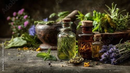 Aromatherapy essential oils in vintage bottles with fresh herbs and mortar in rustic setting, soft natural light