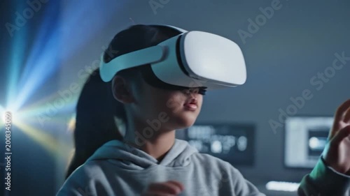 A young person wearing a virtual reality headset, experiencing a digital environment with projected light and computer screen in the background
