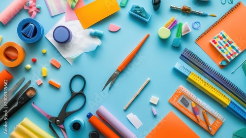 Flat lay of colorful art and craft supplies for creative projects on a blue background