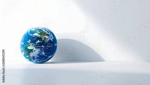 Earth planet in a bright white studio with soft shadows and ample copy space