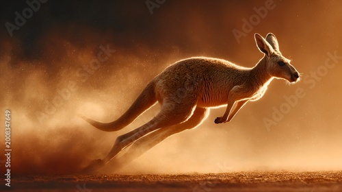 A kangaroo leaps through a dusty landscape, its powerful legs propelling it forward in a burst of golden light and motion across the outback.