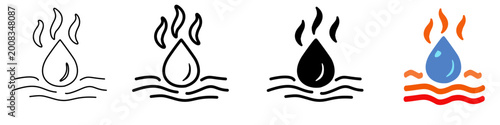 Photography Hot Water Steam Icon Set , Heat Liquid, Boiling Symbol Outline, Filled, Editable