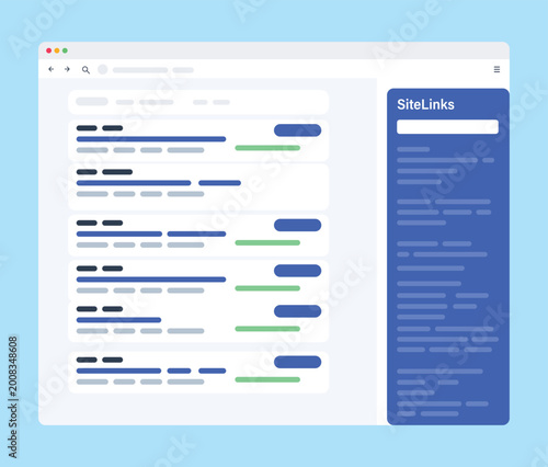Search Engine Results Page with Sitelinks Sidebar, SEO Optimization and Website Ranking Interface Vector Illustration