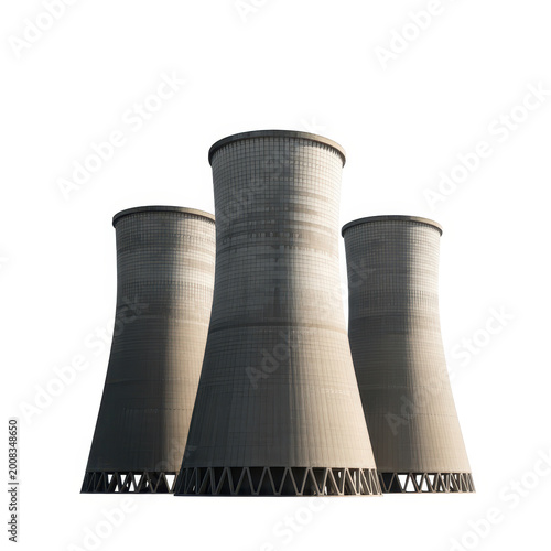 Three large industrial concrete cooling towers of a power plant isolated on white background