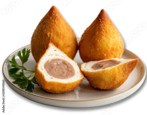 Two brazilian coxinha chicken croquettes on a plate with one cut in half showing creamy filling