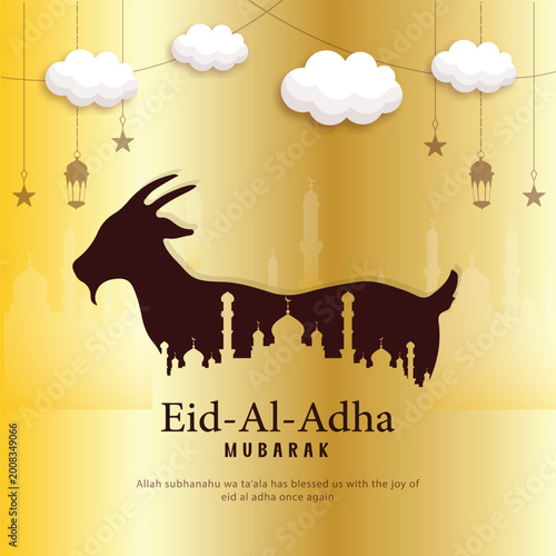 Obraz na płótnie Eid al adha mubarak greeting card with goat silhouette mosque skyline background and golden sky festive design for religious festival