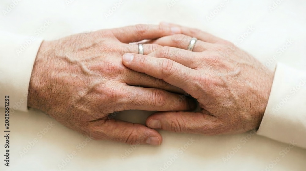 Fototapeta premium Close-up of intertwined hands of couple with subtle rainbow lighting