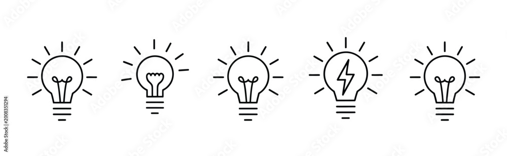 Fototapeta premium Light bulb icon set, idea inspiration concept, creative thinking innovation symbol, solution and insight pictograms, business brainstorming startup visuals