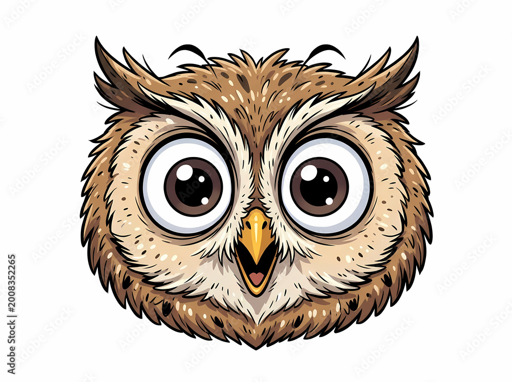 Fototapeta premium Cute cartoon owl face illustration with large expressive eyes.