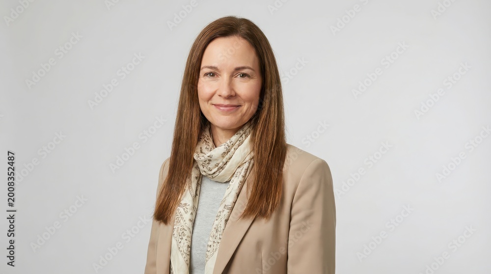 Obraz premium Smiling professional woman with beige blazer and scarf