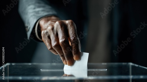 A hand is casting a vote by inserting a ballot into a transparent box. The setting has low light, focusing on the voting action. This scene captures an important moment in a democratic process