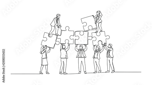 continuous line drawing Business team working together to complete puzzle.