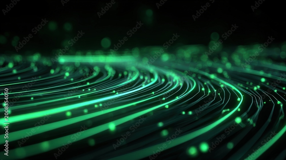Fototapeta premium Abstract swirling green light trails and glowing particles on a dark background, representing data, technology, and energy flow