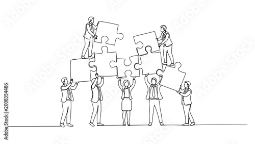 continuous line drawing Business people working together to complete puzzle.