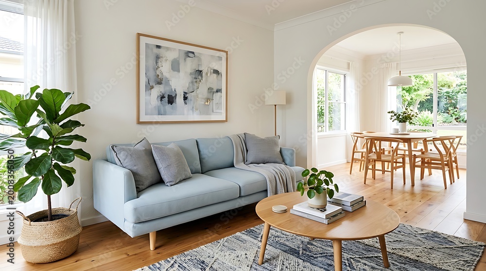 Fototapeta premium Bright and airy living room with modern decor and natural elements