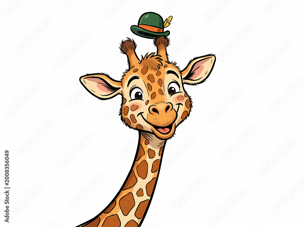 Obraz premium Cute cartoon giraffe character wearing a traditional green Bavarian alpine hat.