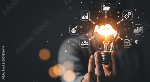 Intellectual property and creative brainstorming concept with glowing lightbulb and strategic icons.