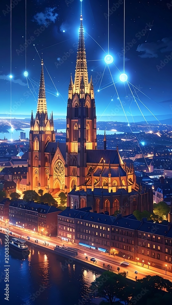 Obraz premium A nighttime cityscape with a large illuminated cathedral